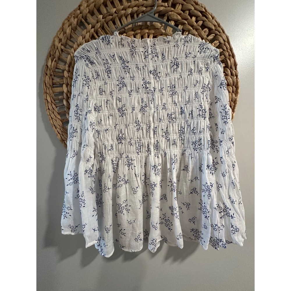 Adiva Women White Blue Floral Smocked Babydoll Bell Sleeve Boho Coquette Top S